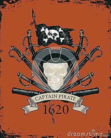 Vector banner with pirate skull, sabers, cannons Vector Illustration