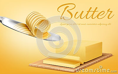 Vector banner with stick of butter and knife Vector Illustration
