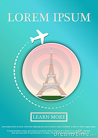 Vector Banner with text Travel card. Concept website template.Modern flat paper art design.Eiffel Tower, Paris, France Vector Illustration