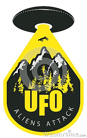 Shaped banner with a UFO over the mountains Vector Illustration