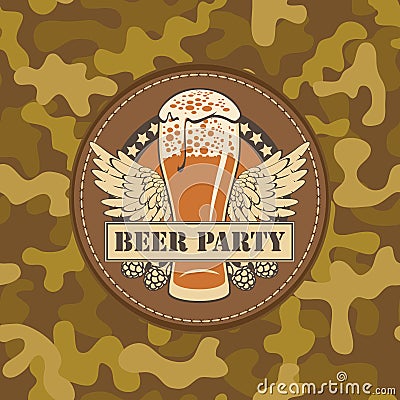 Beer party label on a camouflage background Vector Illustration