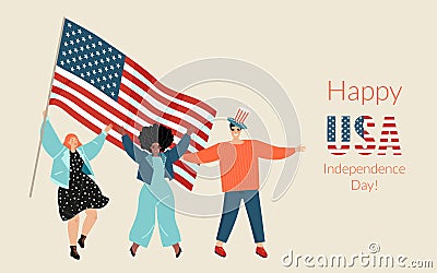 Vector banner for USA Independence Day with three cute young people with American flag. The concept of patriotism Vector Illustration