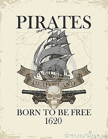 Retro banner with sailing ship, skull and cannons Vector Illustration