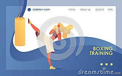 Vector banner with young sport girl kick punching bag. Blue landing page template for gym or boxing school classes Stock Photo