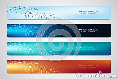 Vector banners and headers for site with DNA strand and molecular structure. Genetic engineering or laboratory research Vector Illustration