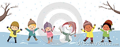 Vector banners kids playing in winter. Happy new year and Merry Christmas background Vector Illustration