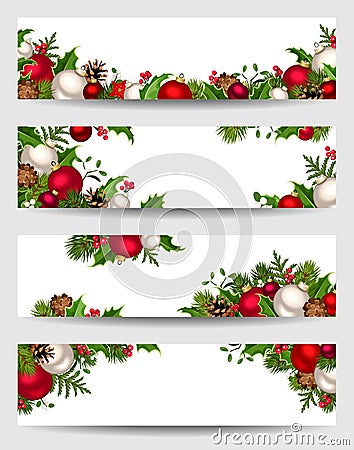 Vector banners with red, white and green Christmas decorations. Vector Illustration