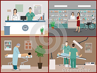 Vector banners set with patients, doctors and hospital interiors. Health care medicine concept. Flat cartoon Vector Illustration