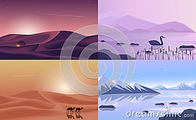 Vector banners set with polygonal landscape illustration - flat design. Mountains, lake desert. Vector Illustration