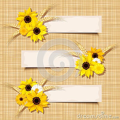 Vector banners with sunflowers and ears of wheat on a sacking background. Eps-10. Vector Illustration