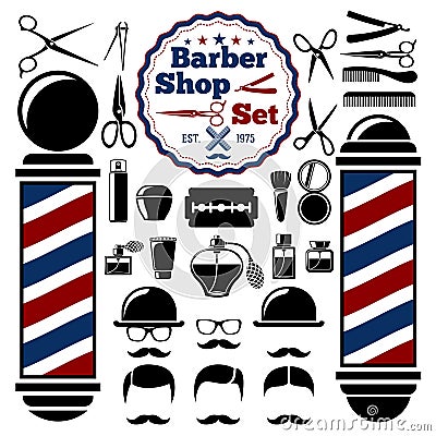 Vector Barber Shop accessories set. With silhouettes of instruments, pole, hairstyles. Vintage style. Vector Illustration