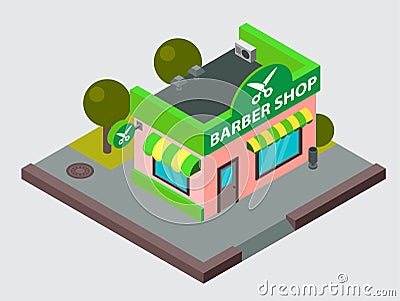 Vector barber shop isometric city street building isolated. Urban business construction property block facade plan Vector Illustration