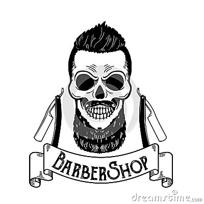 Vector Barbershop emblem, barbershop logo or badge for barber shop signboard, posters Skull with blades and hipster Vector Illustration