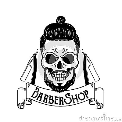 Vector Barbershop emblem, barbershop logo or badge for barber shop signboard, posters Skull with blades and hipster Vector Illustration