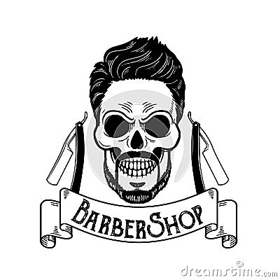 Vector Barbershop emblem, barbershop logo or badge for barber shop signboard, posters Skull with blades and hipster Vector Illustration