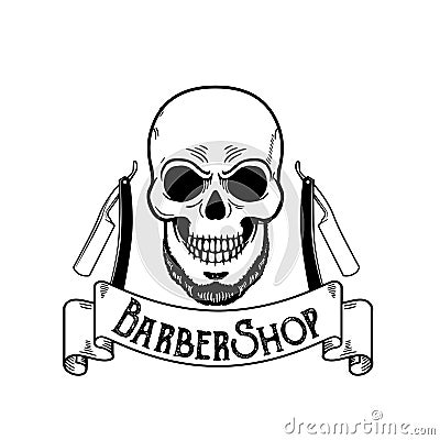 Vector Barbershop emblem, barbershop logo or badge for barber shop signboard, posters Skull with blades and hipster Vector Illustration