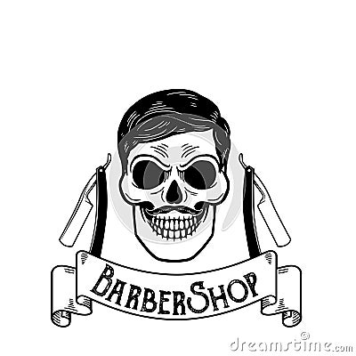Vector Barbershop emblem, barbershop logo or badge for barber shop signboard, posters Skull with blades and hipster Vector Illustration