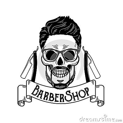 Vector Barbershop emblem, barbershop logo or badge for barber shop signboard, posters Skull with blades and hipster Vector Illustration