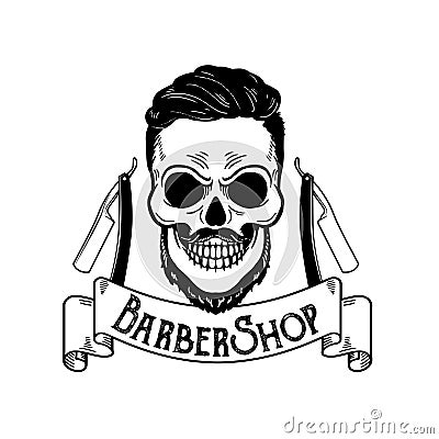 Vector Barbershop emblem, barbershop logo or badge for barber shop signboard, posters Skull with blades and hipster Vector Illustration