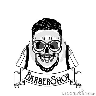 Vector Barbershop emblem, barbershop logo or badge for barber shop signboard, posters Skull with blades and hipster Vector Illustration