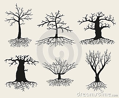 Vector bare tree silhouettes with roots Vector Illustration