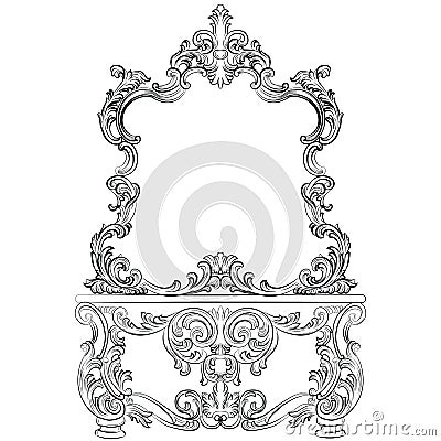 Vector Baroque furniture Dressing Table and mirror frame Vector Illustration