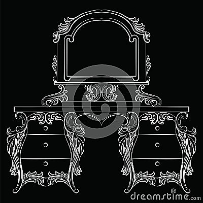 Vector Baroque furniture Dressing Table and mirror frame Vector Illustration