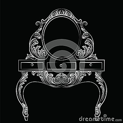 Vector Baroque furniture Dressing Table and Round mirror frame Vector Illustration