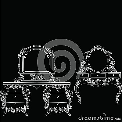 Vector Baroque furniture set Dressing Table and mirror frame Vector Illustration