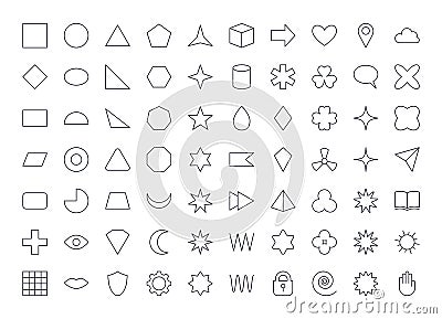 Vector basic shapes icons. Editable stroke. Square pattern heart star diamond mathematical symbol elementary school figurine arrow Vector Illustration