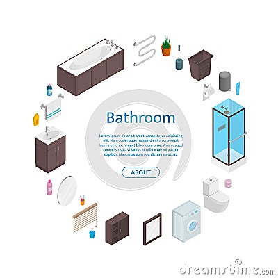 Vector bathroom isometric furniture elements in circle shape with place for text concept illustration Vector Illustration