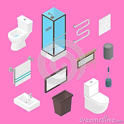 Vector bathroom isometric furniture interior elements set. Lavatory elements and equipment set isolated on plain Vector Illustration