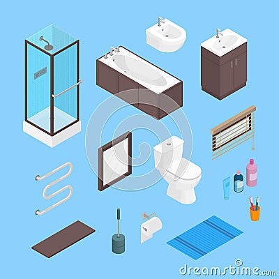 Vector bathroom isometric furniture interior elements set. Lavatory elements and equipment set isolated on plain Vector Illustration