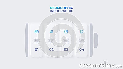 Vector battery element for infographic. Neumorphic template with 5 options workflow progress Vector Illustration