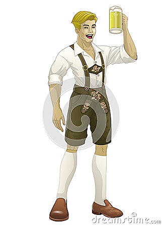 Bavarian Men Wearing Lederhosen and Beer Vector Illustration