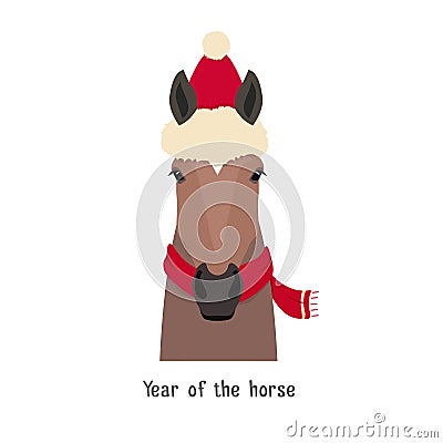 Vector bay brown horse head. christmas red hat and scarf Vector Illustration