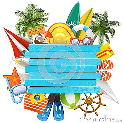 Vector Beach Accessories with Wooden Plank Vector Illustration