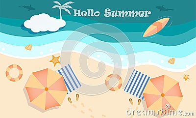 Vector of beach activity concept on the top view, Hello and welcome summer season Stock Photo