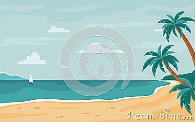 Vector beach background. Tropical seashore with palm trees and yacht. Horizontal background. Summer beach. Paradise nature Vector Illustration