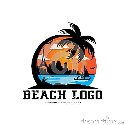 vector beach logo template with sunset, coconut trees, fishing boats, sailboats, and flying birds, ocean waves, retro circle Vector Illustration