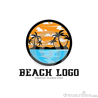 vector beach logo template with sunset, coconut trees, fishing boats, sailboats, and flying birds, ocean waves, retro circle Vector Illustration