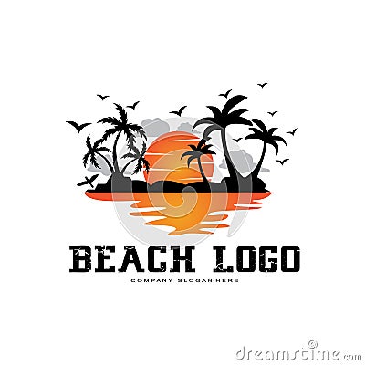 vector beach logo template with sunset, coconut trees, fishing boats, sailboats, and flying birds, ocean waves, retro circle Vector Illustration
