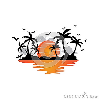 vector beach logo template with sunset, coconut trees, fishing boats, sailboats, and flying birds, ocean waves, retro circle Vector Illustration