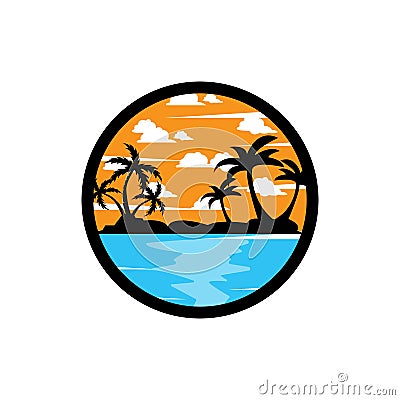 vector beach logo template with sunset, coconut trees, fishing boats, sailboats, and flying birds, ocean waves, retro circle Vector Illustration