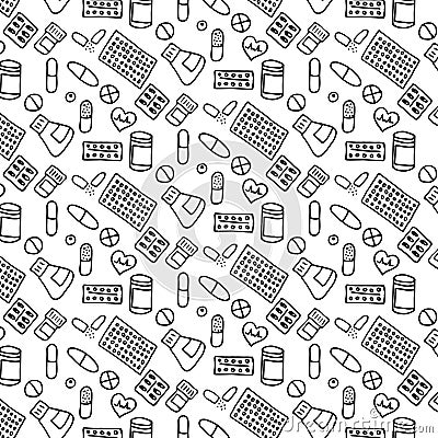 Vector beaded pattern with pills in doodle style. Vector Illustration