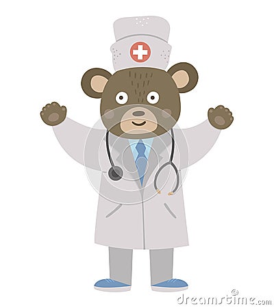 Vector bear doctor in medical hat with stethoscope. Cute funny animal character. Medicine picture for children. Healthcare icon Vector Illustration