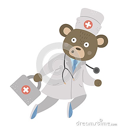 Vector bear doctor running with stethoscope and first aid kit. Cute funny animal character. Medicine picture for children. Vector Illustration