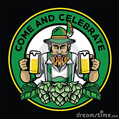Bearded bavarian man badge with beer and hops Vector Illustration