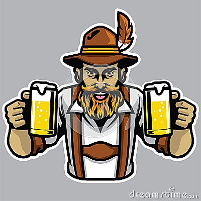 Bearded bavarian man holding a couple of beer pint glass Vector Illustration