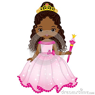 Vector Beautiful African American Princess in Pink Dress Vector Illustration